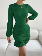 Pleated Ruffle Trim Solid Color Split-Joint Bodycon Long Sleeves Round-Neck Mini Dresses